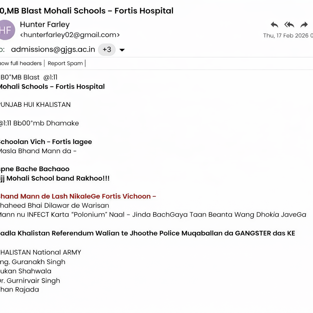 मोहाली के अस्पताल और 16 स्कूलों को ईमेल के माध्यम से धमकी